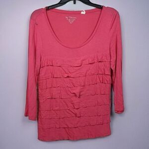 Chico's Pink Knit Top Super Soft Stretch Tiered Ruffle Blouse Scoop Neck Small